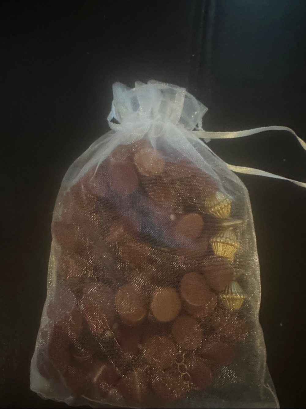 Sheer Organza Jewelry Pouch with Plunder Brown Bead Necklace w gold tone ascents